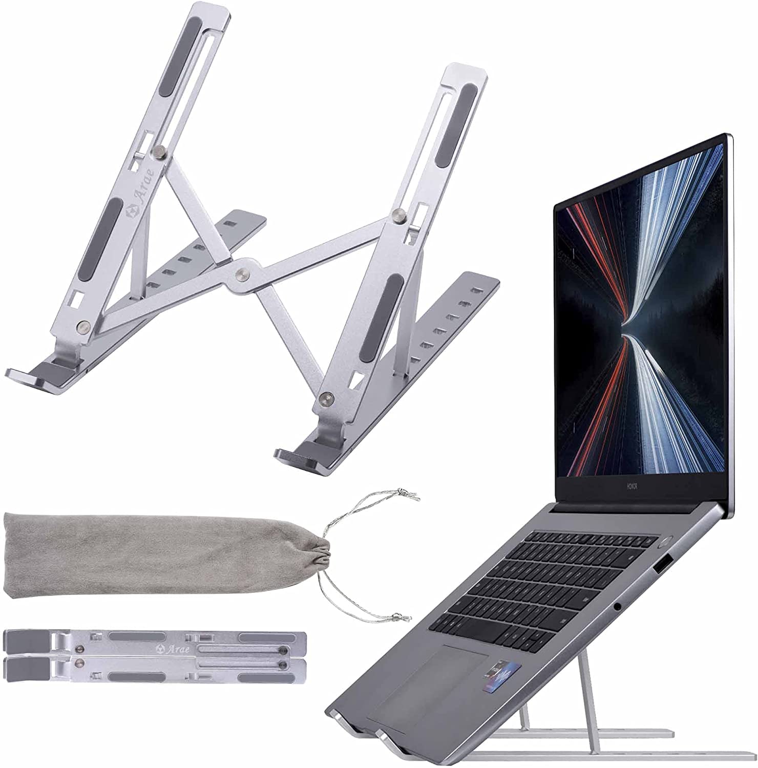 Arae Laptop Stand for Desk, Adjustable Ergonomic Portable Aluminum Laptop Holder, Foldable Computer Stand 7 Angles Anti-Slip Laptop Riser Compatible with 9-15.6 inch Laptops, Silver