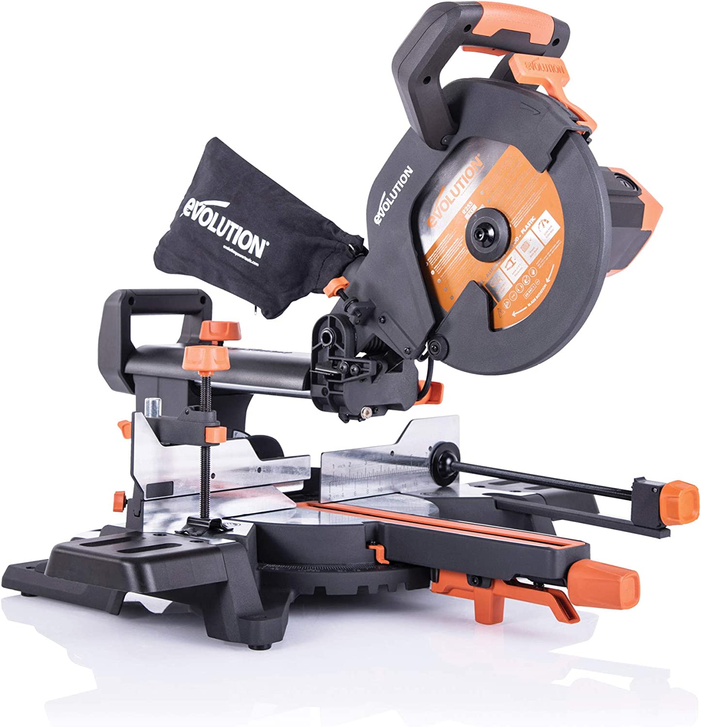 Evolution Power Tools R255SMS+ Compound Saw with Multi-Material Cutting, 45° Bevel, 50° Mitre, 300 mm Slide, 2000 W, 255 mm, 220-240 V