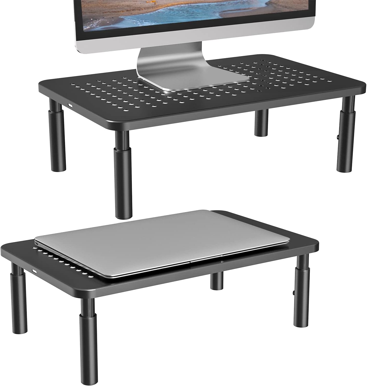 WALI Monitor Stand Riser, Adjustable Laptop Stand Riser Holder, 3 Height Adjustable Underneath Storage for Office Supplies (STT003-2), 2 Pack, Black
