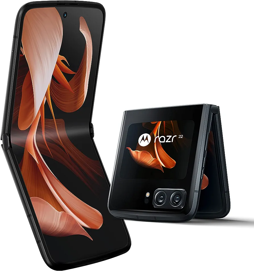 Motorola Razr Flip mobile phone design, quick view display, 6.7" FHD + OLED, flex, 50 MP OIS camera system, android 12, 5G, Snapdragon 8+ processor, 8/256GB, eSIM), Satin Black