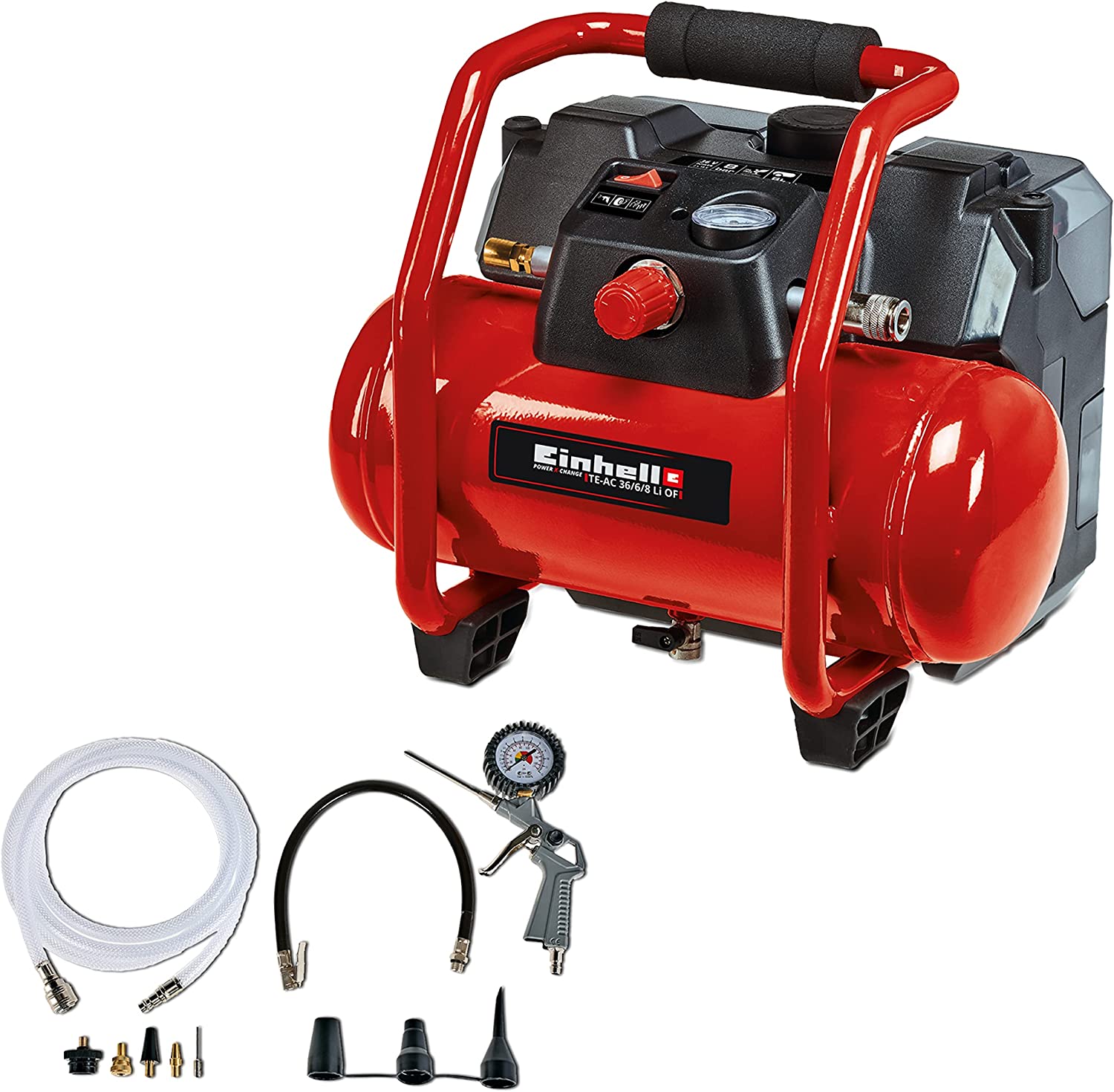Einhell Power X-Change 36V Cordless Air Compressor - Tyre Inflator, Portable Electric Pump For Workshops - TE-AC 36/6/8 Li OF Set Portable Compressor With Accessories