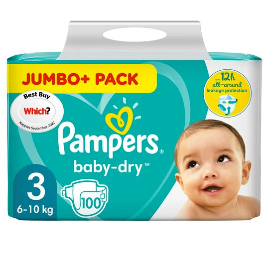 Asda Green Pampers New Baby Size 3, 100 Nappies, 6kg -10kg, Jumbo+ Pack