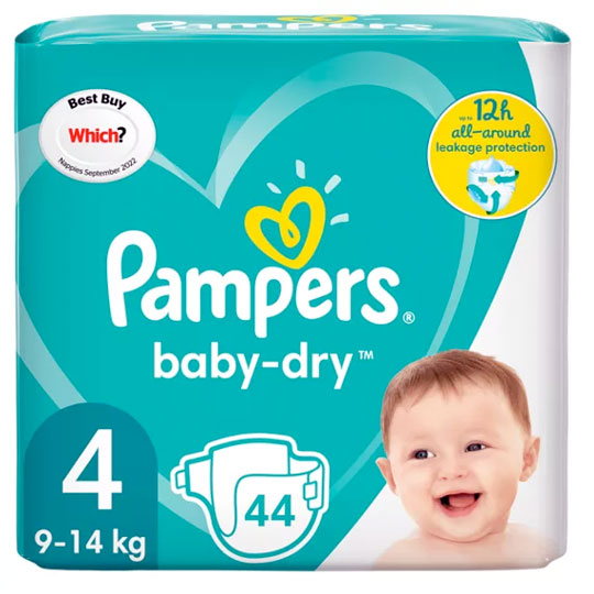 Asda Pampers Baby-Dry Size 4, 9kg To 14kg, 44 Nappies In Essential Pack