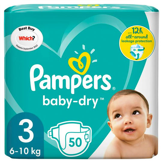 Asda Pampers Baby-Dry Size 3, 6kg To 10kg, 50 Nappies Per Pack