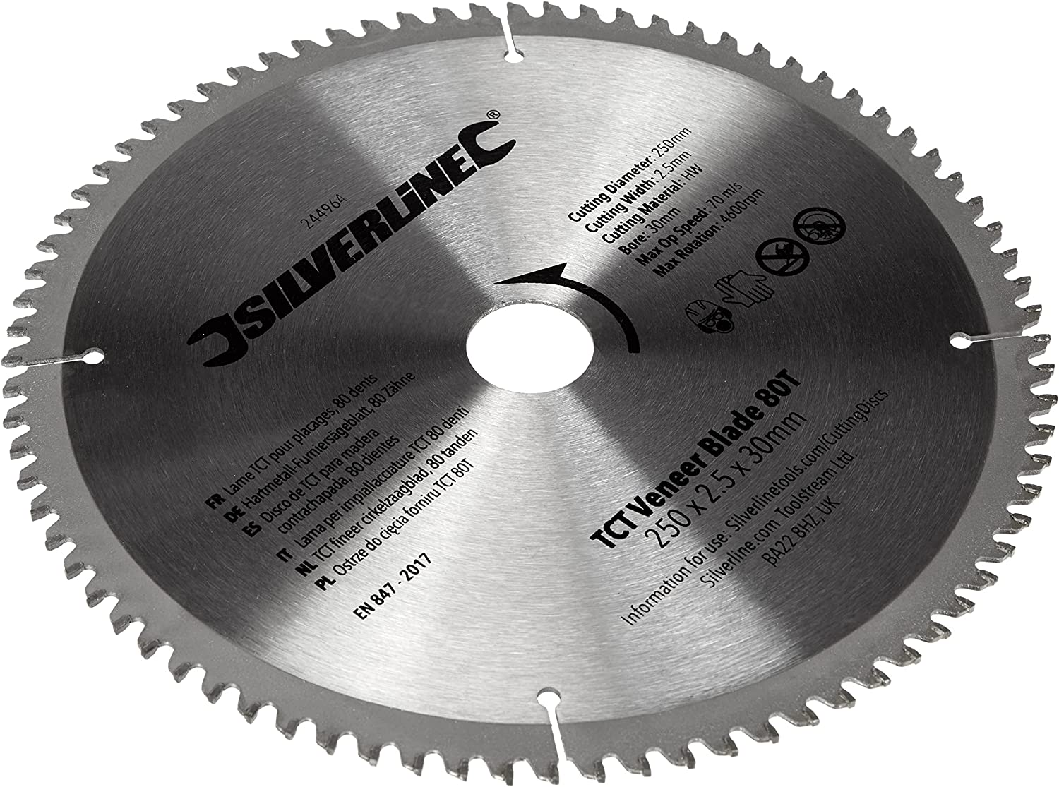 Silverline 244964 TCT Veneer Blade 80T 250 x 30 - 25, 20, 16 mm Rings
