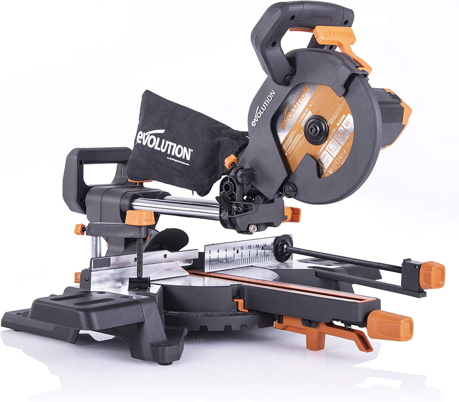 Evolution Power Tools R210SMS-300+ Sliding Mitre Saw with Multi-Material Cutting, 45 Degree Bevel, 50 Degree Mitre, 300 mm Slide, 1500 W, 110 V (Industrial Plug)